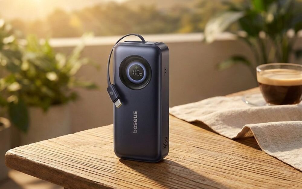 Granatowy powerbank Baseus EnerCore CR11 z rozwiniętym zwijanym kablem USB-C i okrągłym wyświetlaczem na białym tle.