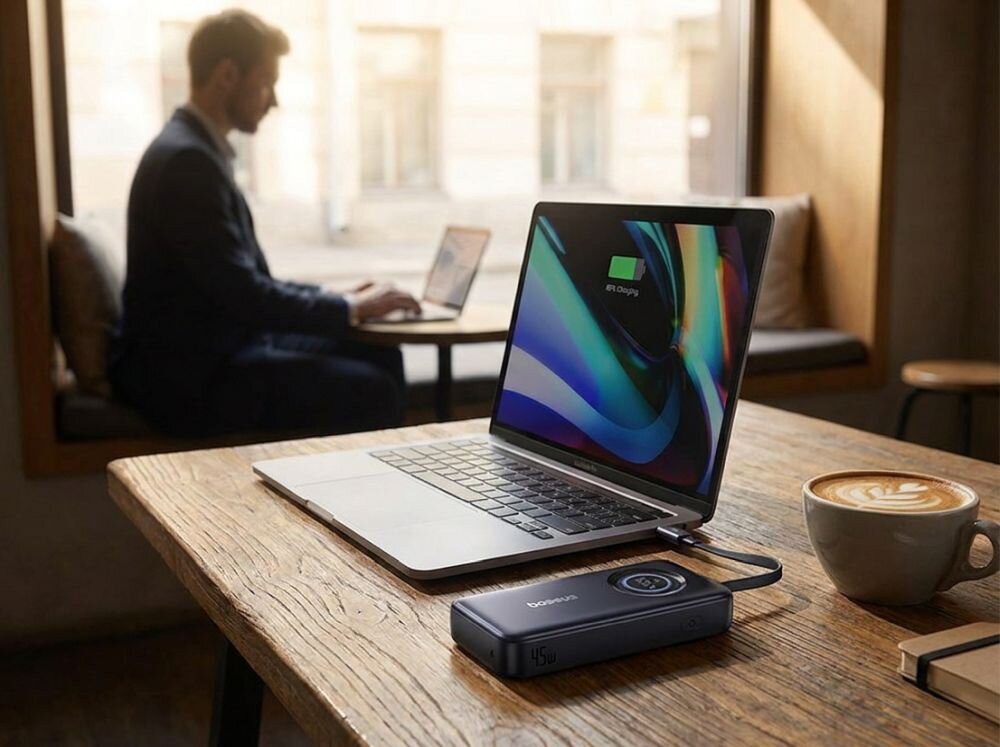 Granatowy powerbank Baseus EnerCore CR11 z wyświetlaczem 100% i zwijanym kablem USB-C, ujęcie pod skosem, oznaczenie 45W.
