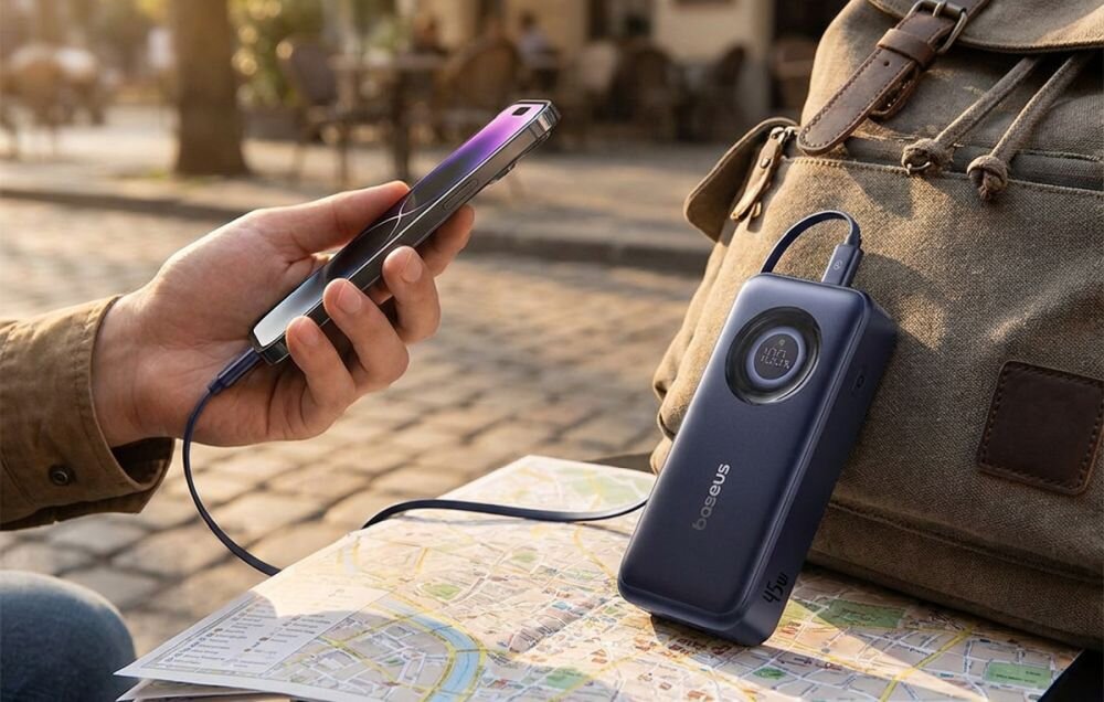 Granatowy powerbank Baseus EnerCore CR11 z uniesionym zwijanym kablem USB-C i okrągłym wyświetlaczem, ujęcie pod skosem na białym tle.