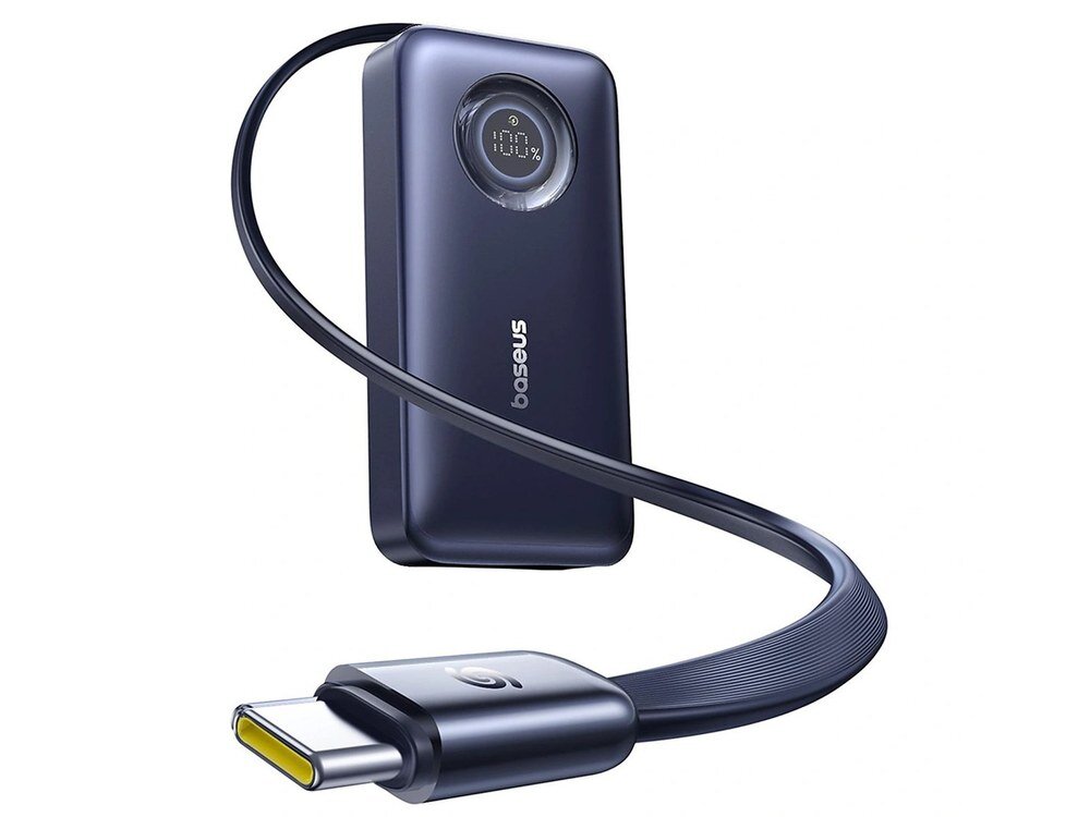 Granatowy powerbank Baseus EnerCore CR11 z okrągłym wyświetlaczem i portem USB-C na górnej krawędzi, ujęcie pod skosem na białym tle.