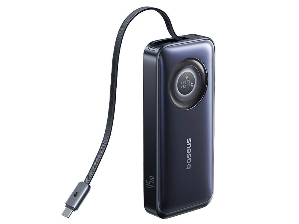 Granatowy powerbank Baseus EnerCore CR11 z okrągłym wyświetlaczem pokazującym 100%, ustawiony pionowo pod skosem na białym tle.