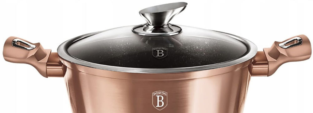 Garnek BERLINGER HAUS Rose Gold Edition BH1514N 20 cm pokrywka srebrne elementy uchwyty białe tło ergonomiczne uchwyty nie nagrzewają się komfort użytkowania bezpieczne przenoszenie solidne mocowanie uchwytów wygoda bezpieczeństwo