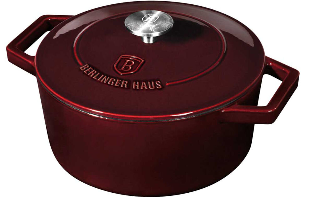 Garnek BERLINGER HAUS Strong Mold Czerwony 24 cm garnek stojący bokiem czerwony zamknięty pokrywą srebrny uchwyt na pokrywie białe tło nie wolno myć w zmywarce ręczne mycie szczotka ciepła woda dokładne wysuszenie natłuszczenie olejem roślinnym regularna konserwacja nie traci funkcjonalnych zalet 