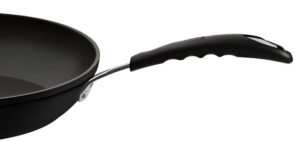 Patelnia BERLINGER HAUS Black Professional Line BH/6116 24 cm patelnia uchwyt ergonomiczny metal silikon nity białe tło ergonomiczny uchwyt typy SOFT TOUCH pokryty silikonem pewny wygodny chwyt nitowany trwałość stabilność czarny matowy kolor eleganckie wykończenie możliwość używania w piekarniku w temperaturze do 220 stopni większa różnorodność przygotowywanych potraw