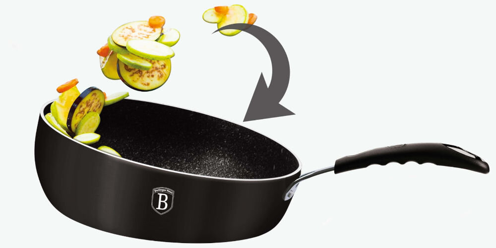 Patelnia BERLINGER HAUS Black Professional Line BH/6120 26 cm do każdej kuchni patelnia warzywa przerzucanie na patelni niebieskie tło