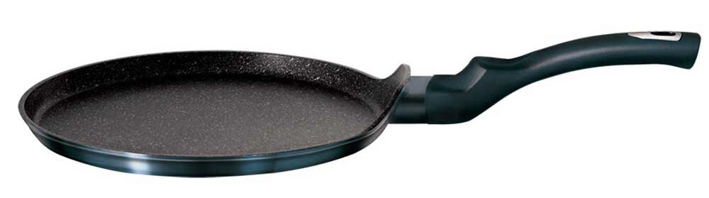 Patelnia BERLINGER HAUS do naleśników Metallic Line Aquamarine Edition BH/1876 25 cm patelnia leży bokiem czarna powłoka marmurkowa wewnątrz niebieska powłoka na zewnątrz uchwyt srebrne elementy białe tło średnica 25 cm stylowy design solidne wykonanie z odlewu aluminium wytrzymałe tworzywo sztuczne trwałość estetyka szybko się nagrzewa długo utrzymuje ciepło efektywne gotowanie do codziennego użytku wygoda komfort