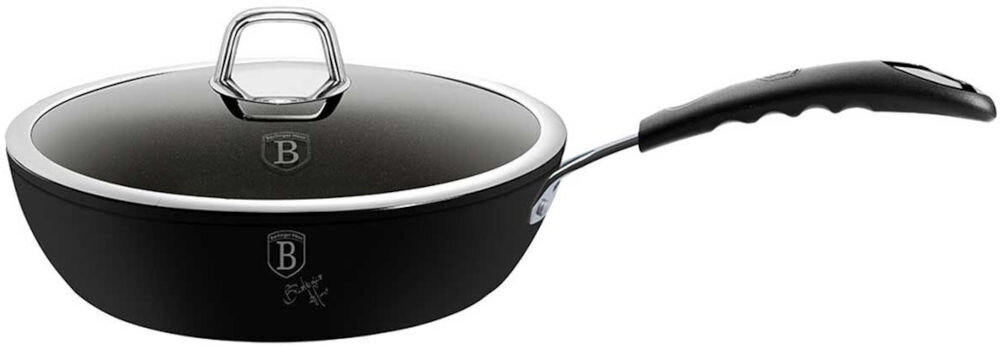 Patelnia BERLINGER HAUS Black Professional Line BH/6119 24 cm pokrywka uchwyt patelnia czarna powłoka logo uchwyt białe tło wygoda użytkowania możliwość mycia w zmywarce ułatwienie utrzymania w czystości wysoka jakość naczyń kuchennych funkcjonalność estetyka szklana pokrywka kontrolowanie procesu gotowania