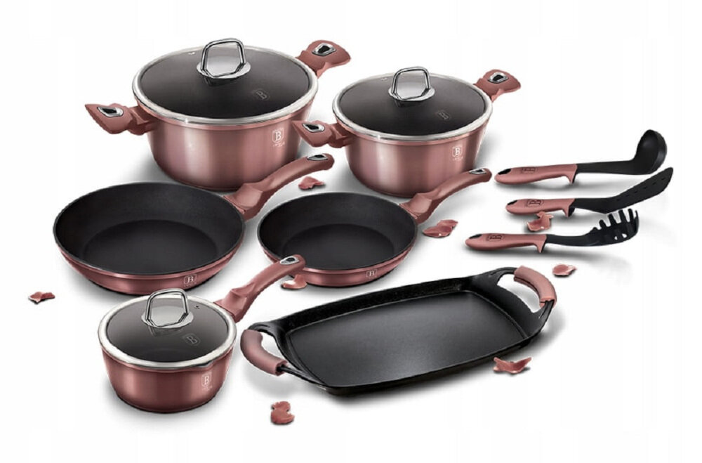 Zestaw garnków BERLINGER HAUS I-Rose Edition BH/6044 Wygodne uchwyty pokrywki ze szkła hartowanego z otworem