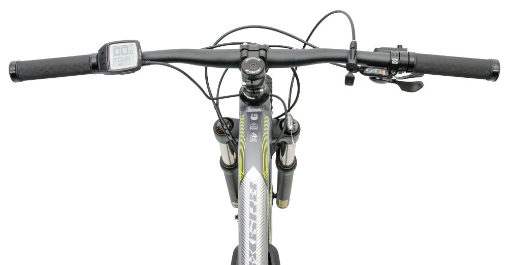 Rower elektryczny ATALA B-XGR8 M18 27.5 cala męski Grafitowy kierownica marki BYTE z aluminium na kierownicy umiejscowiony jest ekran LCD