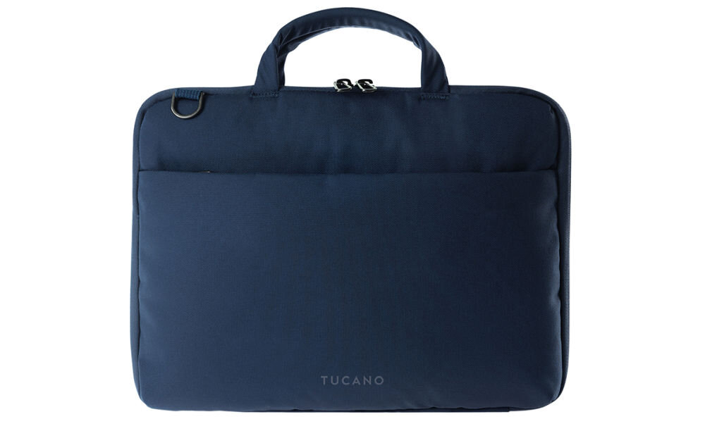 Granatowa torba na laptopa z uchwytem i zamkiem błyskawicznym, z przodu widoczne logo \'TUCANO\'.