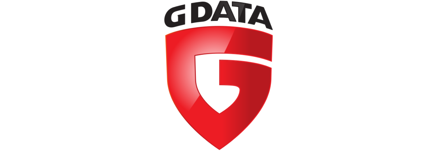 Logo G DATA przedstawia czerwono-biały tarczowy kształt z literą \'G\' w środku i napisem \'G DATA\' na górze.