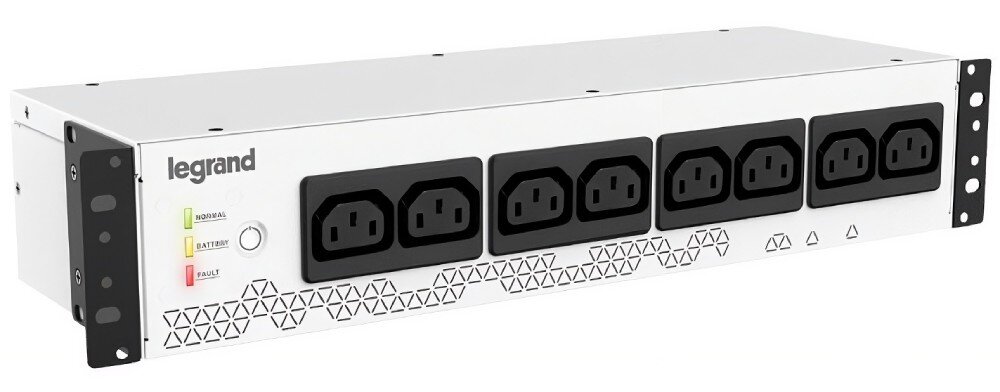 Na obrazie widoczny jest zasilacz UPS z logo \'legrand\', posiadający sześć gniazd oraz wskaźniki z opisami: \'NORMAL\', \'BATTERY\', \'FAULT\'.