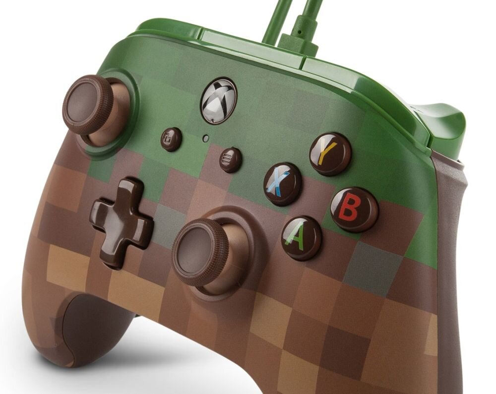 Kontroler POWERA Minecraft Grass   konsola pc komputer smartfon android sterowanie kompatybilność przyciski gałki analogi łączność bateria zasilanie spusty panel obudowa waga zasięg 