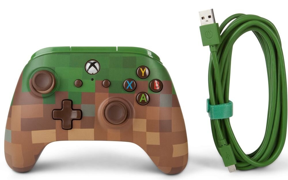 Kontroler POWERA Minecraft Grass   konsola pc komputer smartfon android sterowanie kompatybilność przyciski gałki analogi łączność bateria zasilanie spusty panel obudowa waga zasięg 