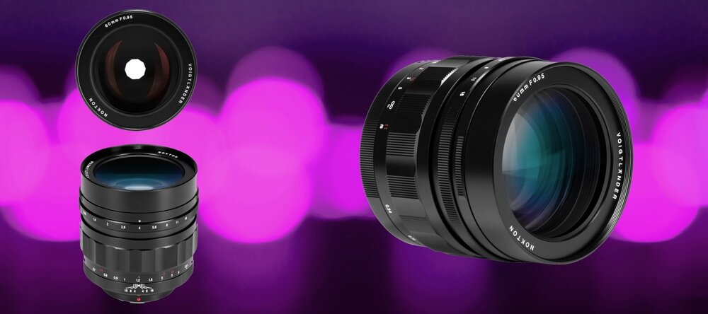 Obiektyw Voigtländer Nokton 60 mm f/0,95 do Micro 4/3 pokazany z różnych kątów na tle rozmytych świateł, podkreślający wyjątkową jasność i precyzyjną konstrukcję 11 elementów w 8 grupach