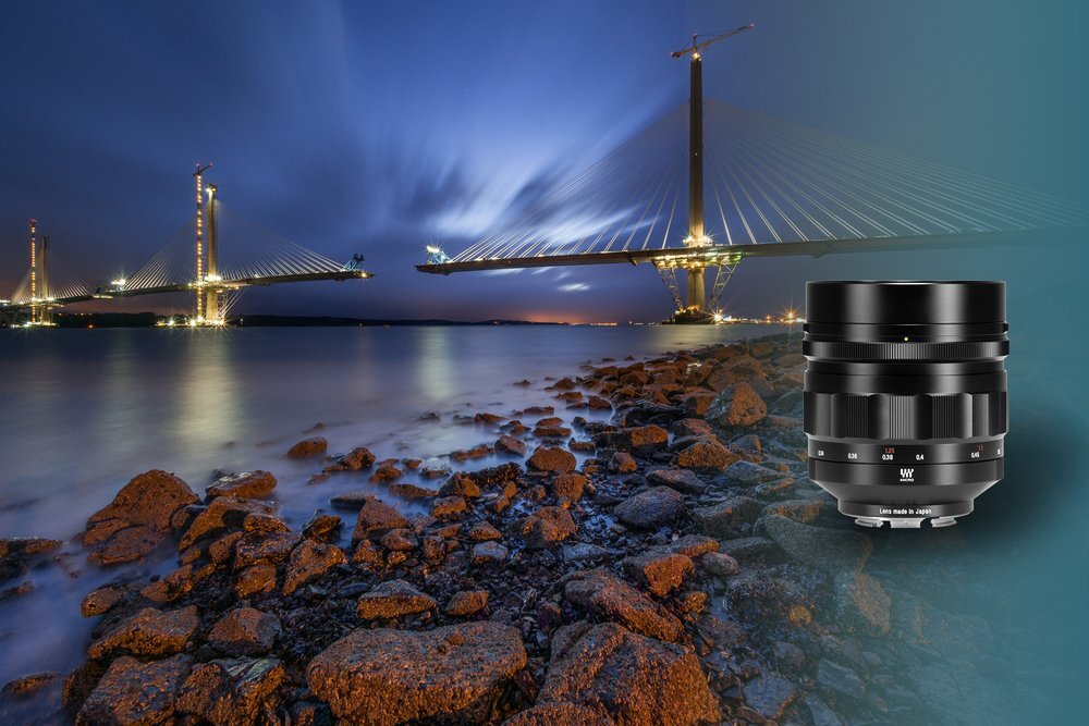 Obiektyw VOIGTLANDER 60 mm f-0.95 Nokton  metalowa konstrukcja Most podświetlony nocą uchwycony za pomocą obiektywu Voigtländer Nokton 60 mm f/0,95 do Micro 4/3, podkreślający szczegółowość sceny i zdolność do tworzenia wyjątkowych zdjęć.