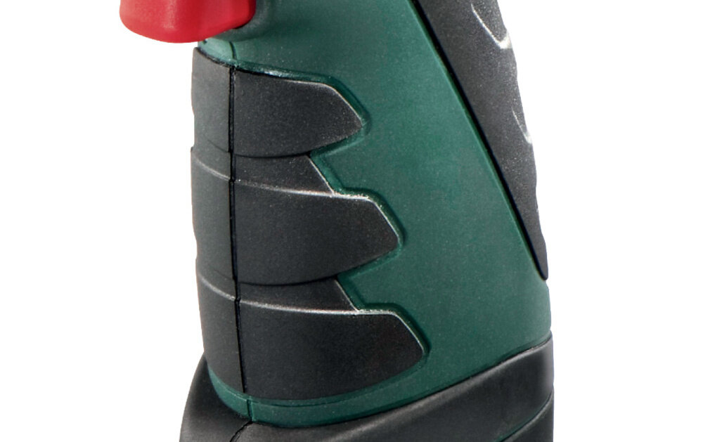 Wiertarko-wkrętarka METABO PowerMaxx BS Basic 600385500 zbliżenie na rękojeść lekka konstrukcja waga 1,01 kg z akumulatorem rekojesc ergonomiczna antypoślizgowy materiał pewny chwyt redukcja zmeczenia zabezpieczenie przed uszkodzeniami mechanicznymi trwalosc dioda LED