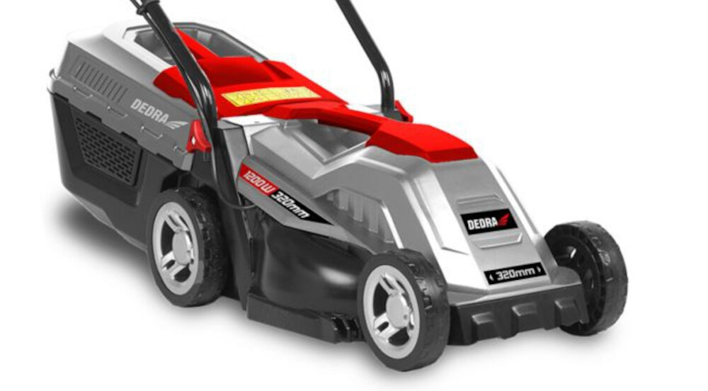 Kosiarka elektryczna DEDRA DED8707 1200W silnik moc 1200W noże wyprofilowane kształtowanie krawędzi tnących z wysokiej jakości materiałów szerokość robocza 33 cm wysokość 20-60 mm koszenie z uwzględnieniem preferowanej wysokości trawy 3-stopniowa skala