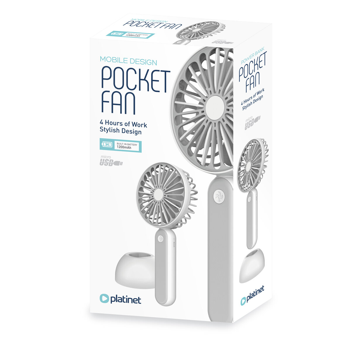 Opakowanie wentylatora przenośnego z napisem \'POCKET FAN\' oraz informacjami: \'4 Hours of Work\', \'Stylish Design\', \'Built-in Battery 1200mAh\'. Widoczne jest logo \'platinet\'.