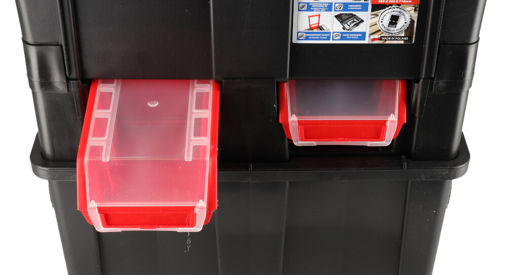 Wózek narzędziowy DEDRA N0200 zbliżenie na ergoboxy cztery ergoboxy do segregowania drobnych elementów montażowych zamknięta obudowa specjalne blokady ochrona przed kurzem wodą zabrudzeniami