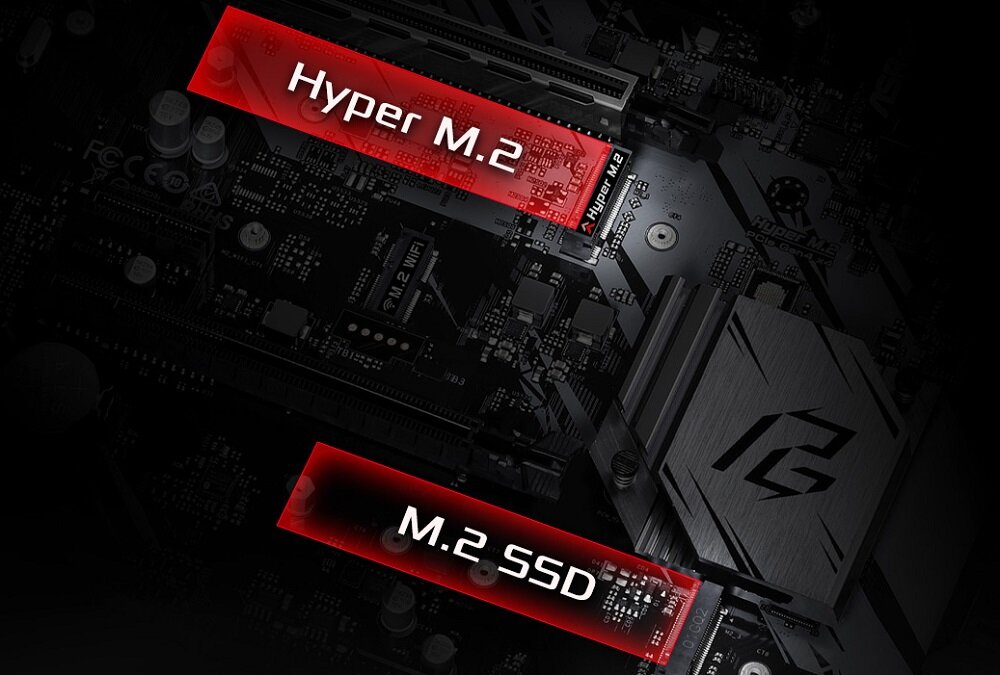 Płyta główna ASROCK B550 Phantom Gaming 4 - złącza HYPER M2 i M2 Podpięcie szybkich dysków SSD