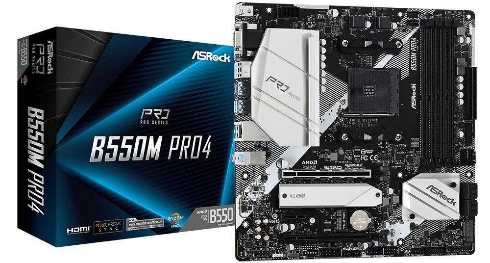 Płyta główna ASROCK B550M Pro4 - wygląd ogólny opakowanie duże możliwości olbrzymi potencjał obliczeniowy technologia ATX