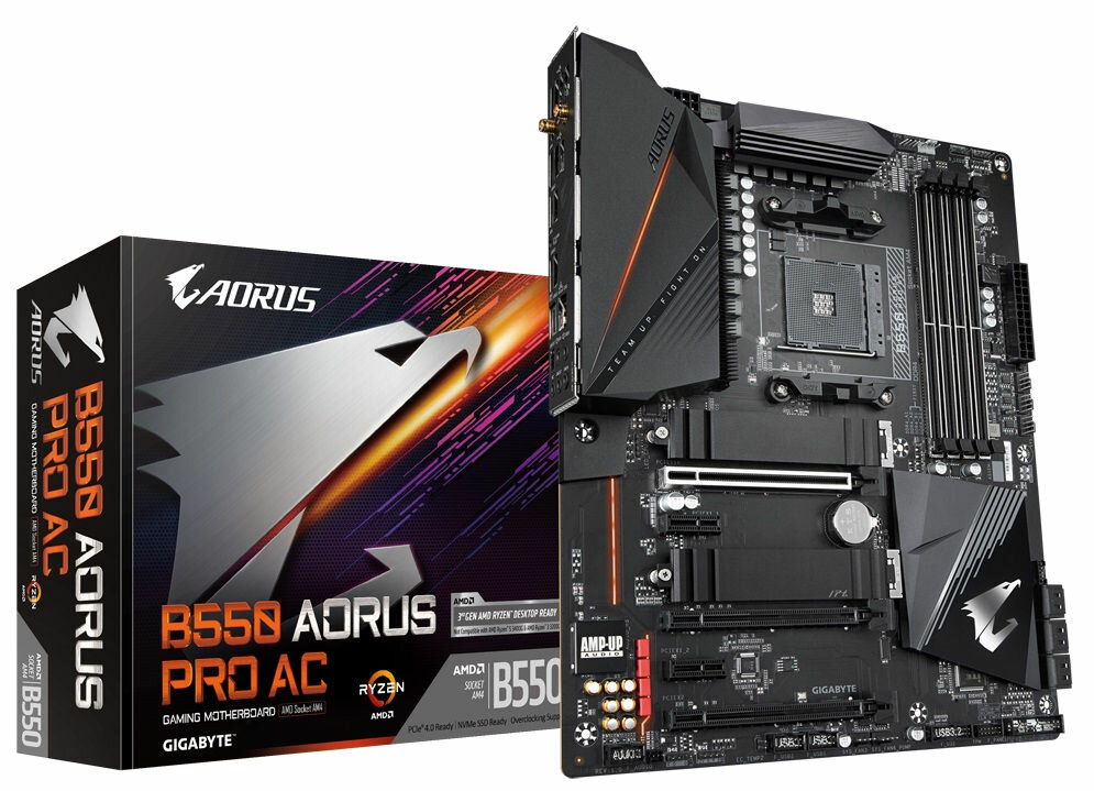 Płyta główna GIGABYTE B550 Aorus Pro AC - wygląd ogólny opakowanie szeroki zakres łączności AMD Ryzen panel RGB