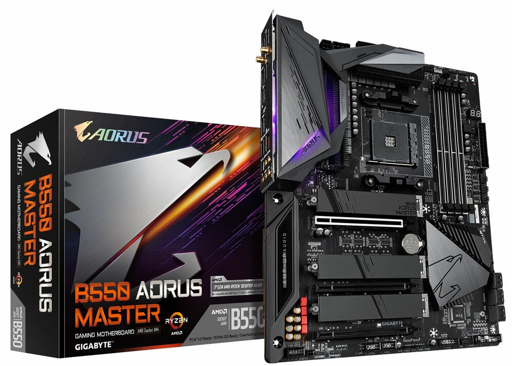 Płyta główna GIGABYTE B550 Aorus Master - wygląd ogólny opakowanie szeroki zakres łączności AMD Ryzen panel RGB