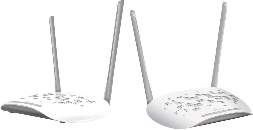 Punkt dostępu TP-LINK TL-WA801N Dwa routery postawione obok siebie, ustawione pod kątem w lewo i prawo, na białym tle, opis