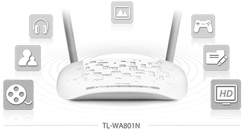 Punkt dostępu TP-LINK TL-WA801N Zbliżenie na router z grafiką fal symbolizujących sygnał Wi-Fi w tle, oraz ikonami aplikacji dookoła, anteny, technologia, działanie