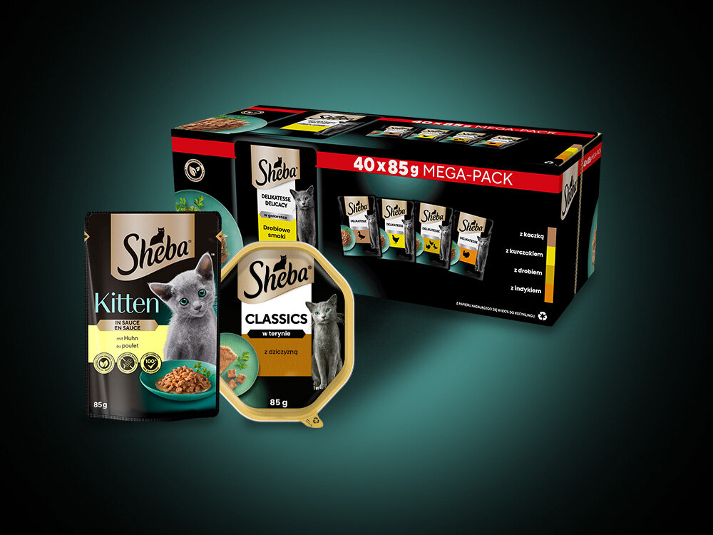 Karma dla kota SHEBA Selection in Sauce Smaki drobiowe (4 x 85 g) Sposób karmienia wielopak saszetek zbliżenie na tackę i saszetkę