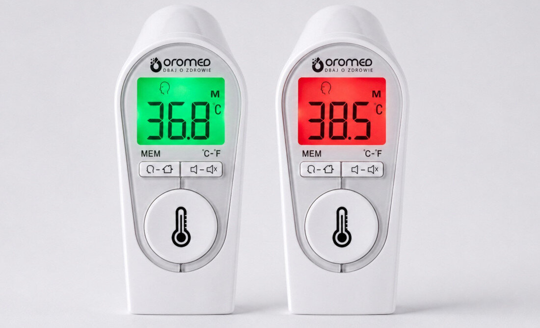 Termometr ORO-MED Oro-Baby Color zdjęcie lifestyle Łatwiejszy odczyt wyniku Podświetlany wyświetlacz LCD alarm gorączki sygnały dźwiękowe