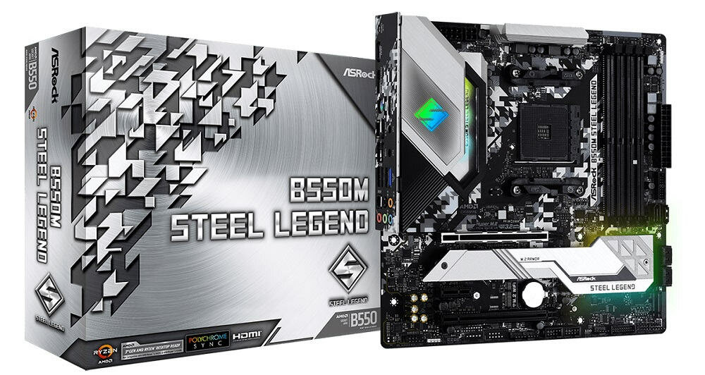 Płyta główna ASROCK B550M Steel Legend - wygląd ogólny opakowanie dysk SSD technologia StoreMI CrossFire 128GB DDR4
