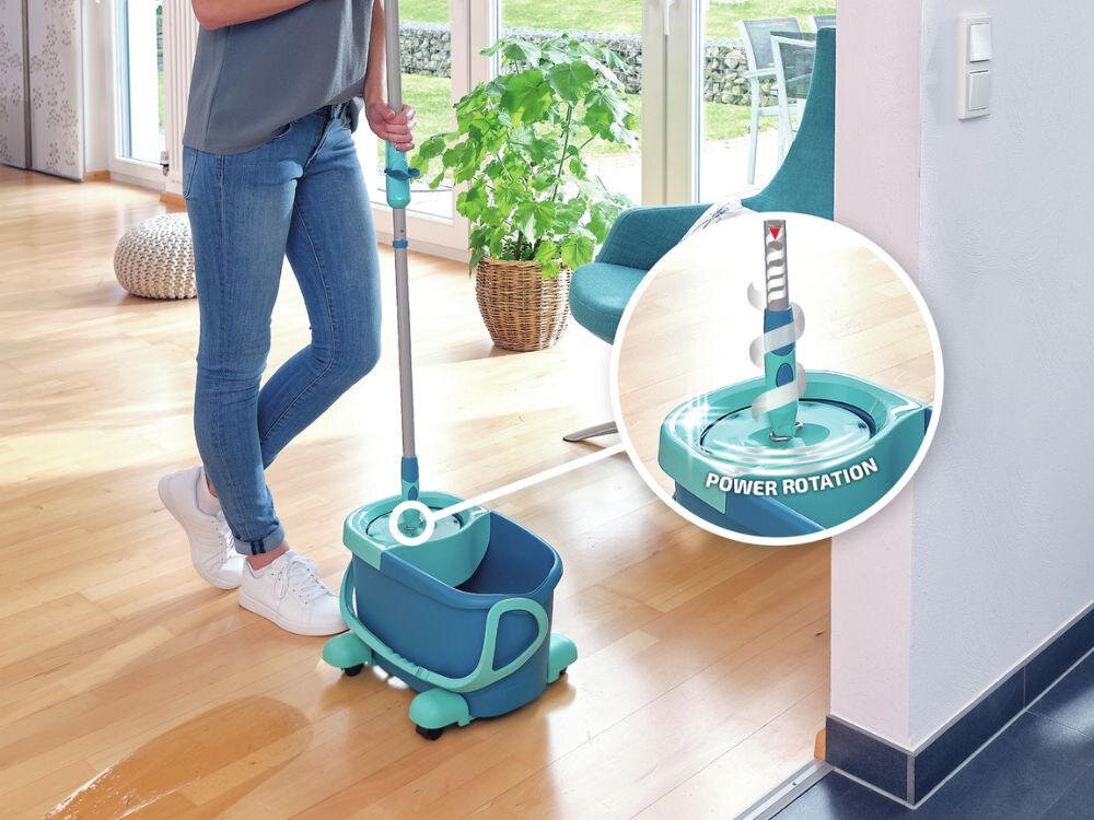 Zestaw z mopem LEIFHEIT Clean Twist Mop Ergo system wirowania wiadro pojemność ciche i bezpieczne odwirowanie Funkcja zatrzymania rotacji  precyzja kontrola dopasowanie podłogi od delikatnych paneli po płytki ceramiczne