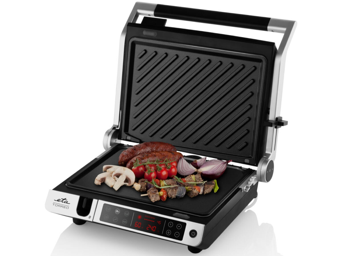 Grill elektryczny ETA Torreo 715590000, grillowanie, warzywa, mięso, funkcjonalność, Kiełbasa, warzywa, szaszłyki grillowane na otwartym grillu kontaktowym ETA Torreo – widok na czyste płyty i panel.