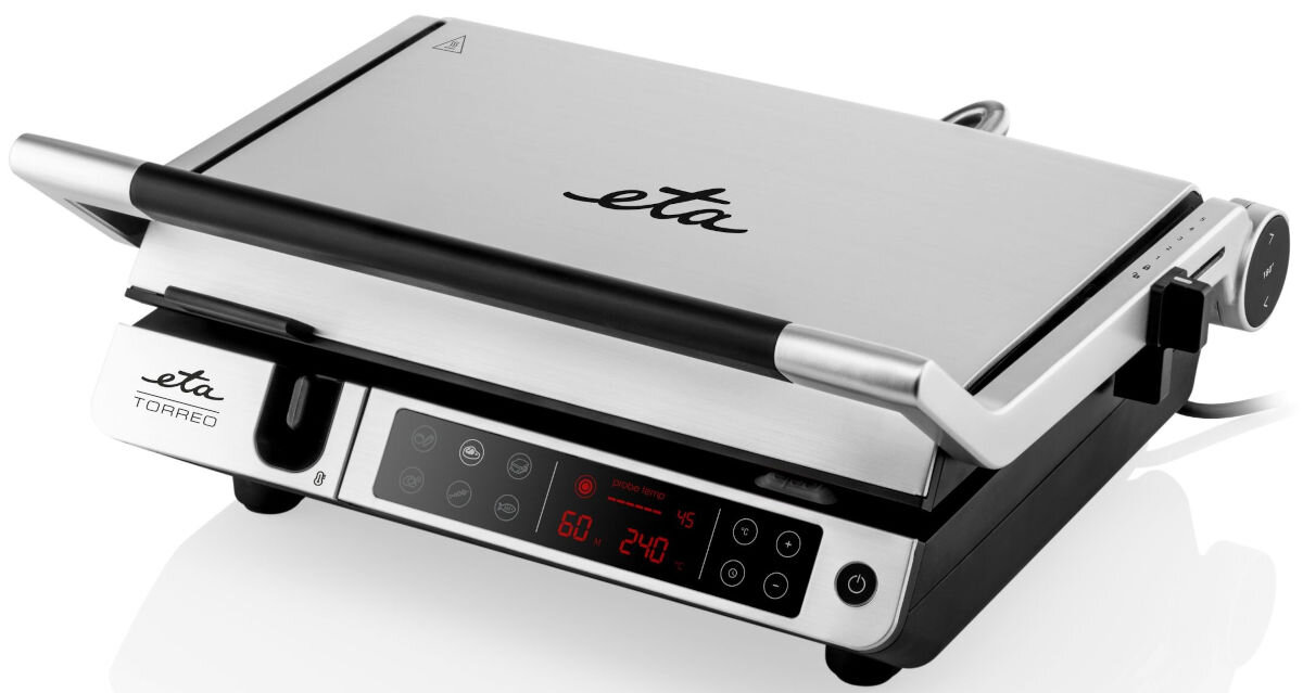 Grill elektryczny ETA Torreo 715590000, stal, waga, mobilność, wygoda, Zamknięty grill elektryczny ETA Torreo 715590000 z wyraźnym logotypem na stalowej pokrywie, widok z boku.