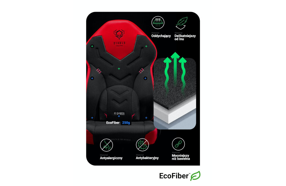Fotel DIABLO CHAIRS X-Gamer 2.0 (L) czarno-czerwony tkanina trwałość wykończenie przewiewny