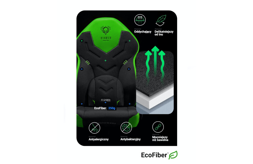 Fotel DIABLO CHAIRS X-Gamer 2.0 (L) czarno-zielony tkanina trwałość wykończenie przewiewny