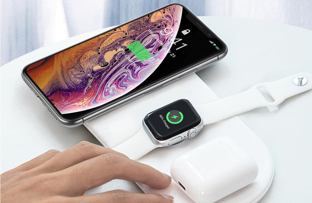 ŁADOWARKA INDUKCYJNA 3W1 BASEUS DO SMARTFONA APPLE WATCH AIRPODS 18W BIAŁA przeznaczenie prosta i szybka obsługa ładowanie