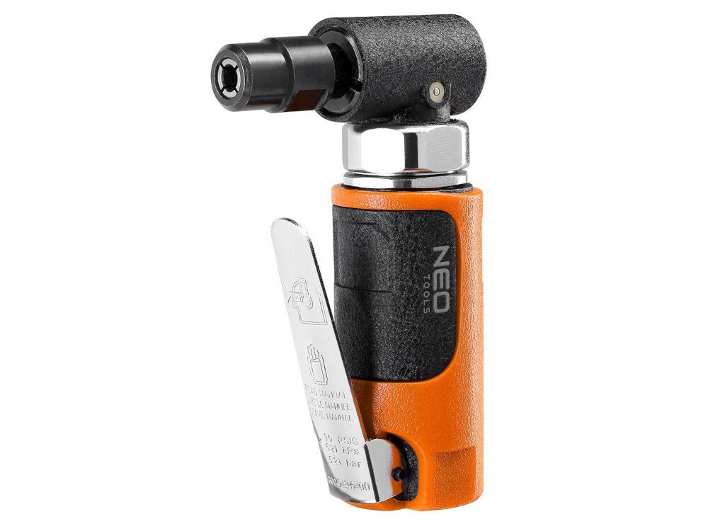 Szlifierka kątowa NEO TOOLS 14-016 zasilana pneumatycznie sprężone powietrze do działania pobór powietrza do 85 l/min maksymalna prędkość obrotowa do 20000 obr/min zgodne z europejskimi standardami bezpieczeństwa certyfikat CE