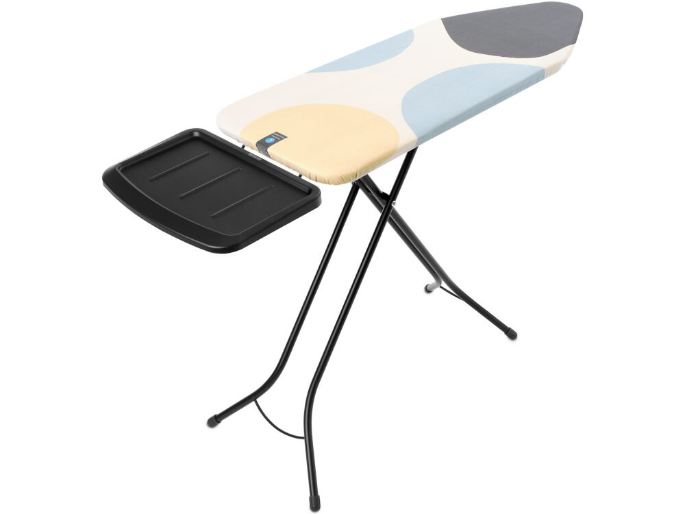 Deska do prasowania BRABANTIA 134708 Spring Bubbles 124 x 45 cm deska stoi bokiem jasny pokrowiec w kropki czarna podstawa czarne nóżki białe tło certyfikat Cradle-to-Cradle® w poziomie brązowym minimalizowany wpływ na środowisko z materiałów nadających się do recyklingu trwałość łatwość w użytkowaniu ekologiczne rozwiązanie  