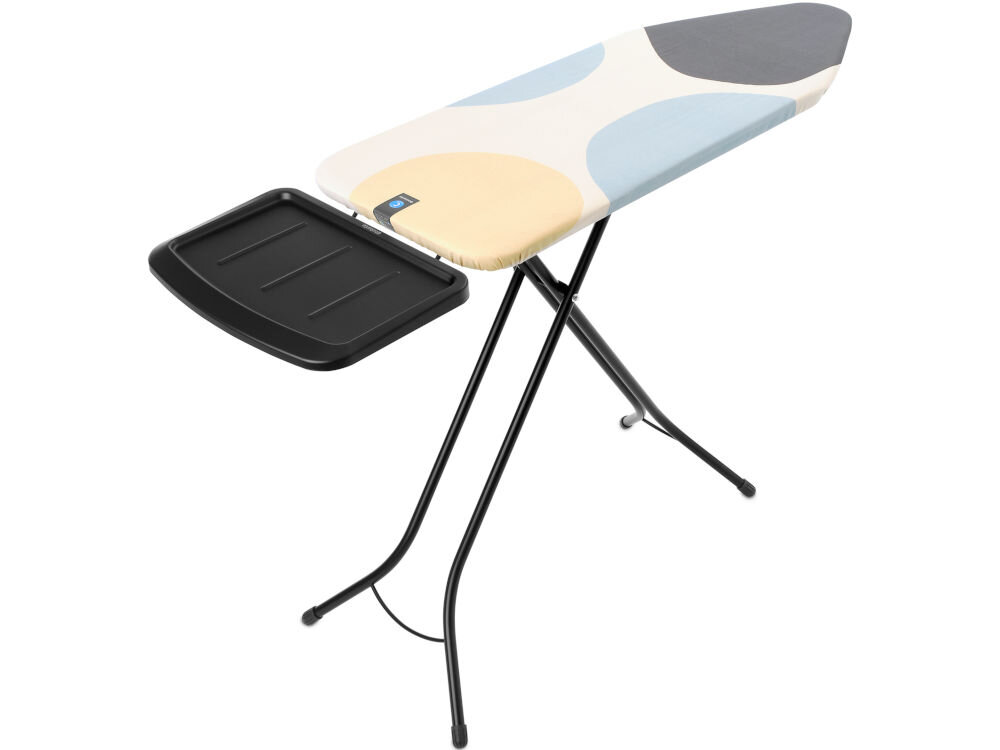 Deska do prasowania BRABANTIA 134722 Spring Bubbles 124 x 45 cm deska stoi bokiem czarne nóżki jasny pokrowiec kolorowe kropki czarna podstawa białe tło solidna budowa z trwałej, stalowej ramy o średnicy 25 mm wytrzymałość stabilność cztery solidne nogi mocne wsparcie konstrukcja odporna na codzienne intensywne użytkowanie staranna konstrukcja pełne bezpieczeństwo komfort podczas prasowania   