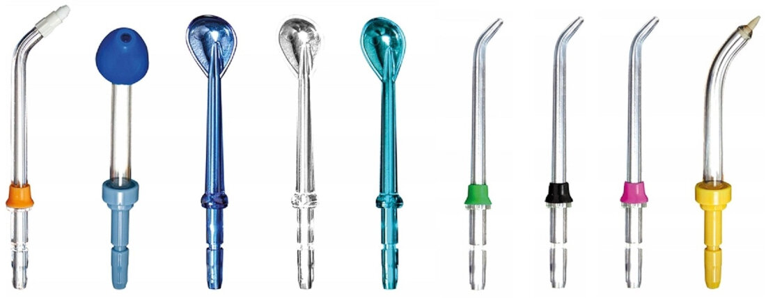 Końcówka do irygatora ELDOM RYZ102 (9 szt.) (Czyszczenie przerw międzyzębowych) Standardowa końcówka do irygacji Końcówka do czyszczenia języka Końcówka ortodontyczna Końcówka periodontyczna Końcówka do udrażniania nosa zestaw pielęgnacja higiena