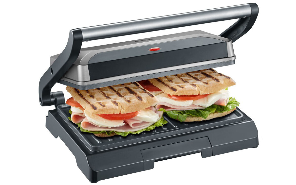 Grill elektryczny SEVERIN KG 2394, jakość, pokrycie, lakier, termoodporny, na białym tle grill frontem lewo skos