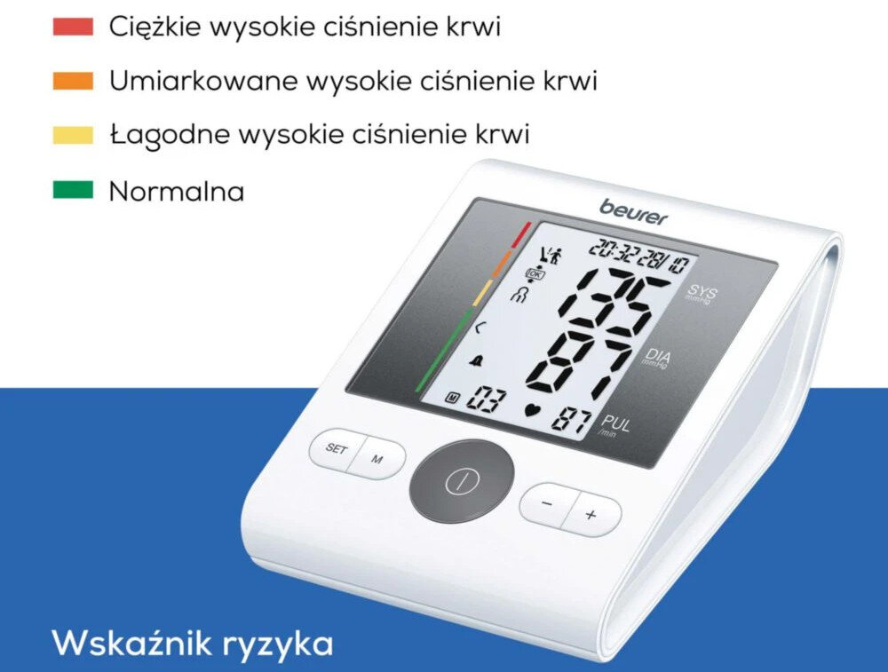Ciśnieniomierz BEURER BM 28 Biały Czytelna interpretacja danych przy użyciu kolorowej skali od zielonego po czerwony ocena ułatwia samodzielną kontrolę zdrowia