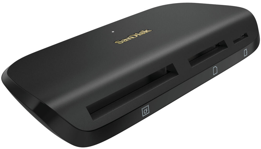 Czytnik kart SANDISK ImageMate PRO USB-C prezentacja czytnika na białym tle od strony wejść na karty czytnik z USB 3.0 kompatybilny z USB 2.0 wsteczna kompatybilność brak potrzeby użycia przejściówek