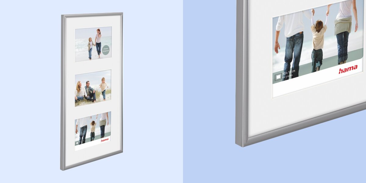 Srebrna ramka na zdjęcia z trzema miejscami na fotografie, z logo \'hama\' widocznym na dolnym zdjęciu. Ramka jest prostokątna i ma nowoczesny design.