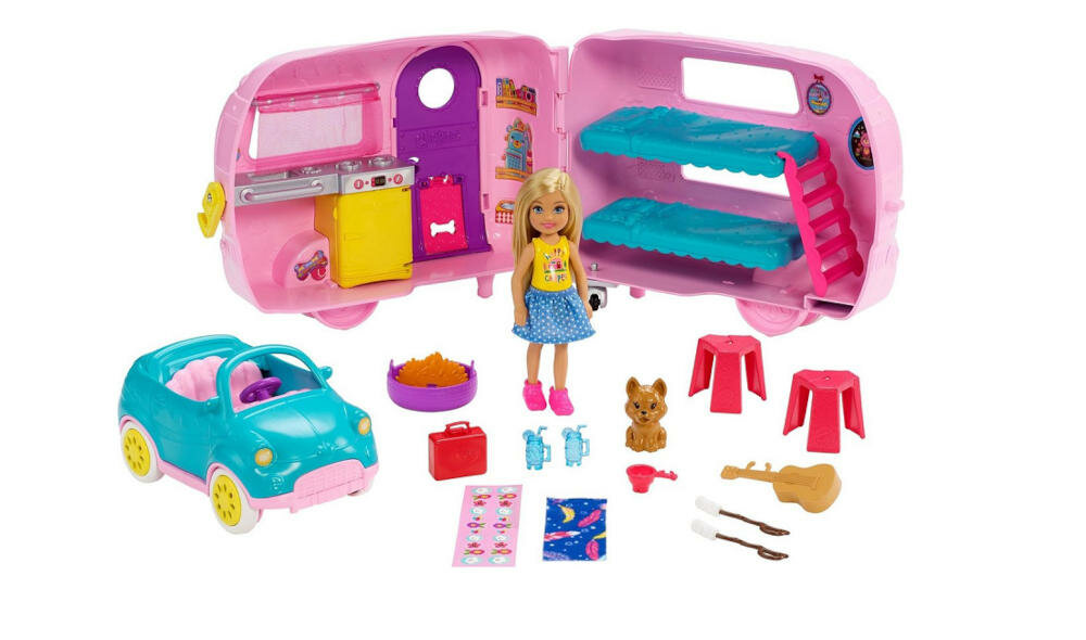 MATTEL-BARBIE-CHELSEA-PRZYCZEPA-FXG90 lalka wyobraźnia szczeniak przyjaciele samochód przyczepa kempingowa biwak
