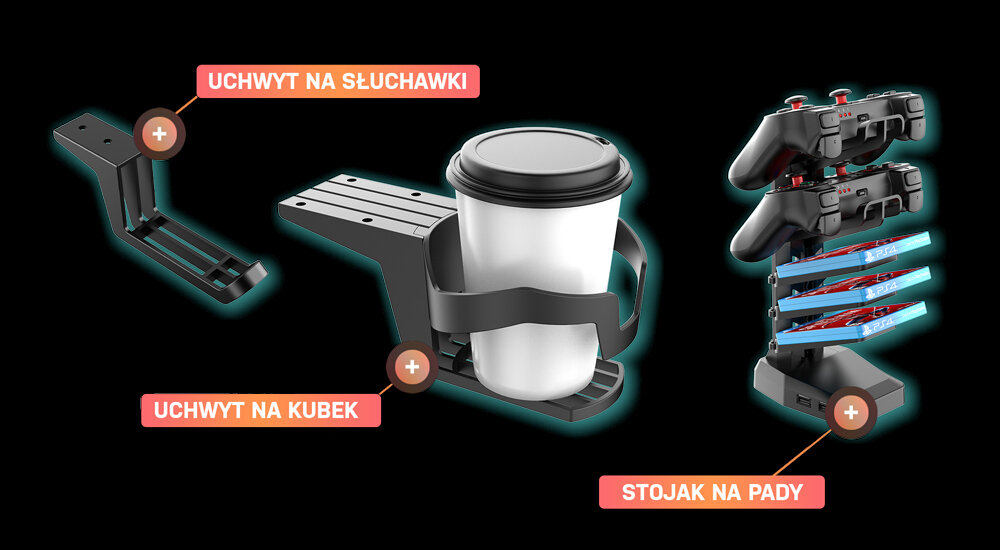 Biurko ULTRADESK Grand uchwyty kubek słuchawki kontrolery pady