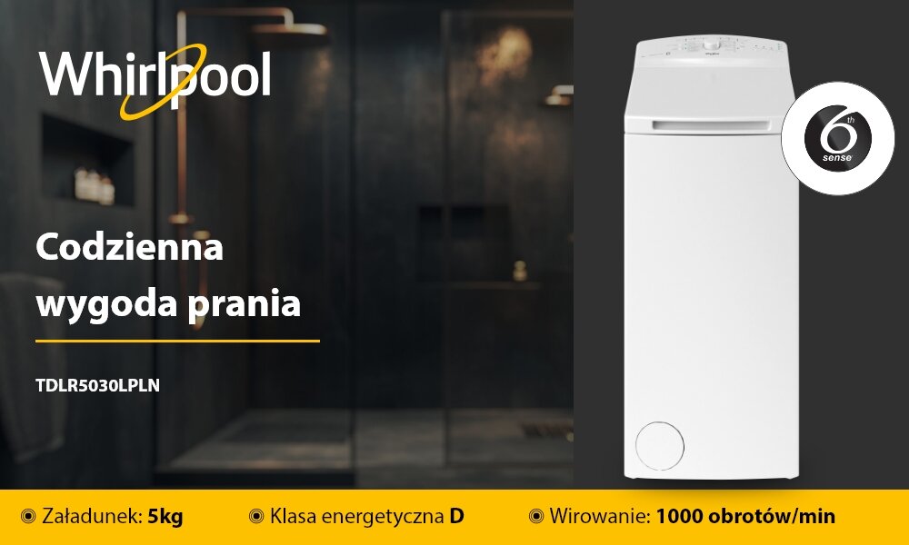 Obraz przedstawia pralkę z widocznym logo \'Whirlpool\' oraz tekstem: \'Codzienna wygoda prania TDLR5030LPLN\'. Na dole znajdują się informacje: \'Załadunek: 5kg\', \'Klasa energetyczna D\', \'Wirowanie: 1000 obrotów/min\'.